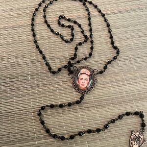 FRIDA KAHLO Rosary-Style Super Long Black Beaded Necklace - NEW